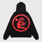 Black Hellstar Sports Hoodie featuring a bold red flame face graphic and star logo on the back of the fleece garment.