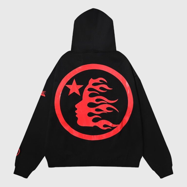 Black Hellstar Sports Hoodie featuring a bold red flame face graphic and star logo on the back of the fleece garment.