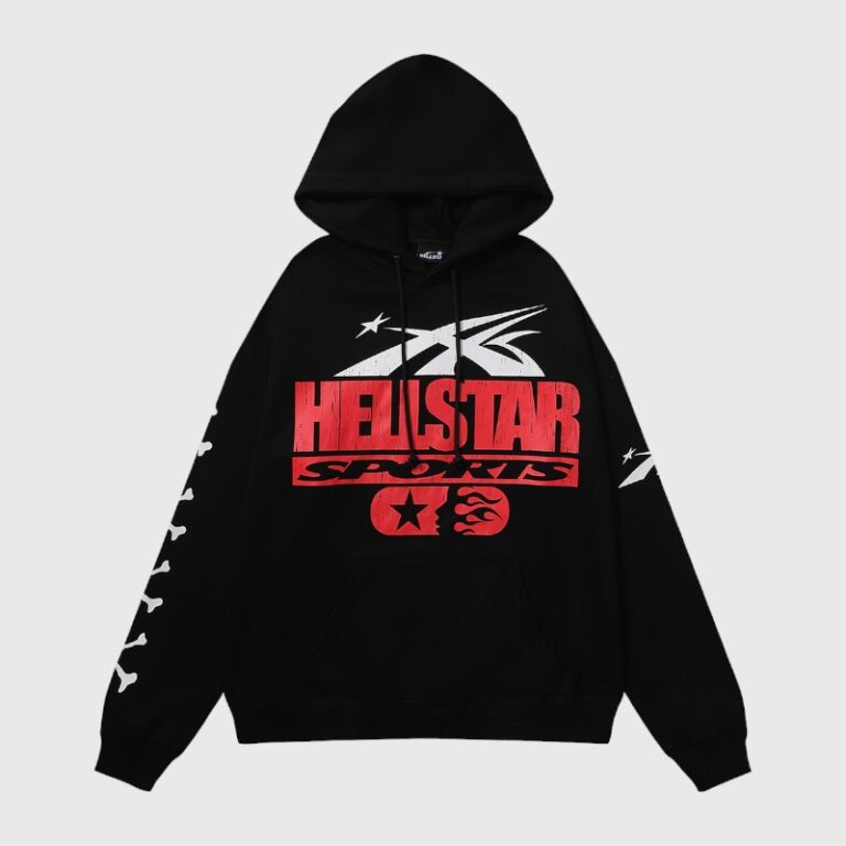 Hellstar Sports Jet Black Hoodie with red graphic print featuring a star logo and distressed design details.