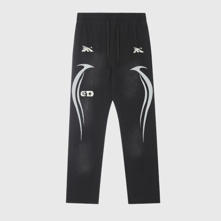 Front view of Hellstar Sports jet black sweatpants featuring white custom graphic screen prints and comfortable fleece.