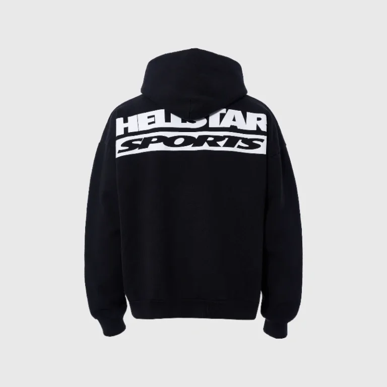 Back view of the Hellstar Sports logo black hoodie featuring a bold white screen printed graphic on heavy luxury fleece