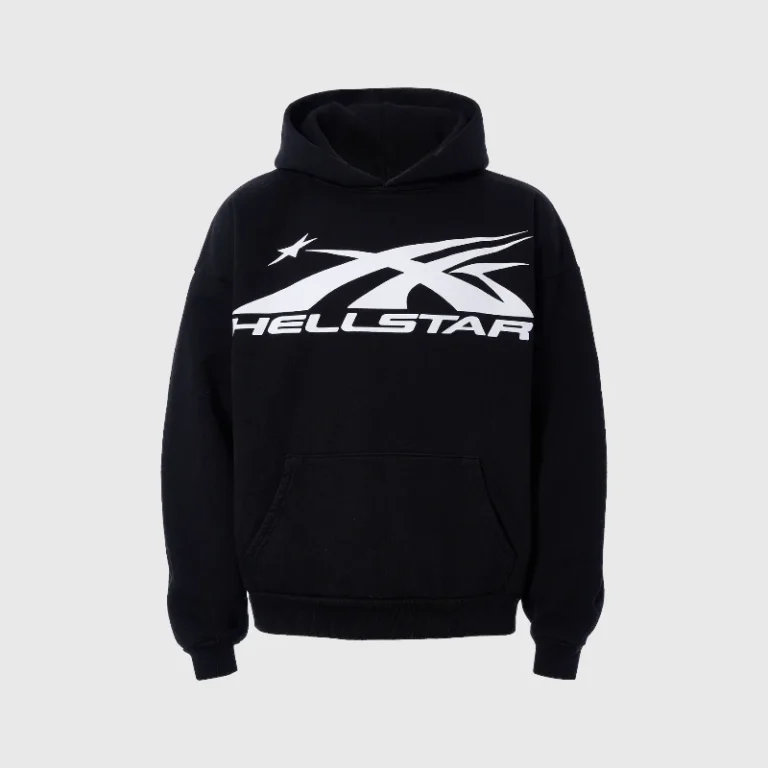 Front view of the Hellstar Sports Logo Black Hoodie featuring a bold white screen printed graphic on heavyweight fleece.