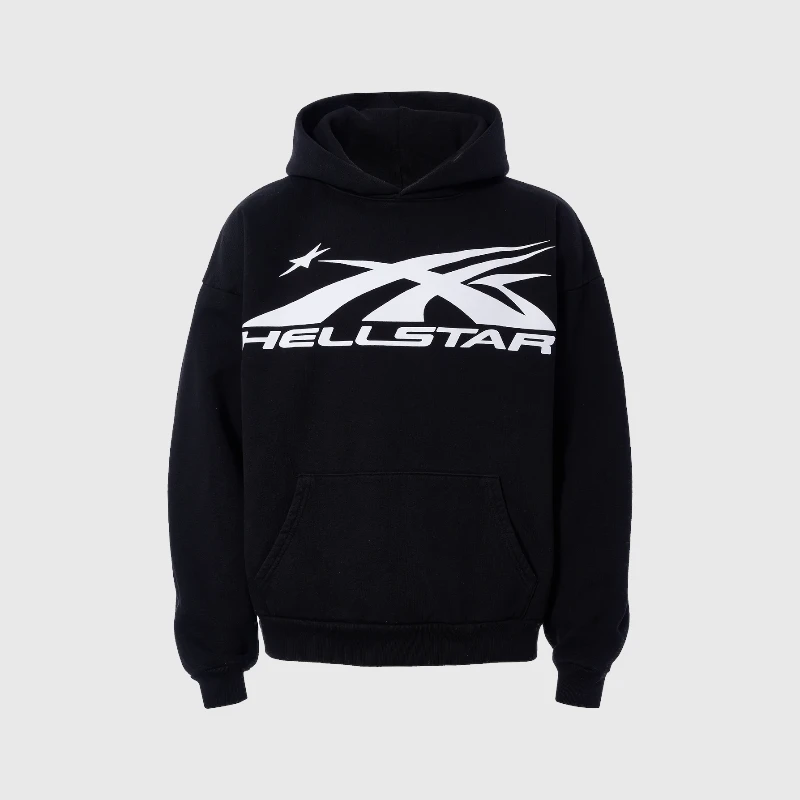 Hellstar Sports Logo Black Hoodie Front View Front view of the Hellstar Sports Logo Black Hoodie featuring a bold white screen printed graphic on heavyweight fleece.