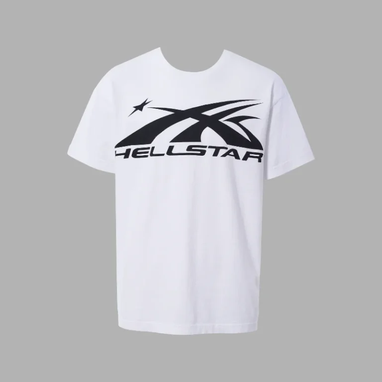 White Hellstar Sports Logo T-shirt made from premium heavyweight cotton with a black graphic print for streetwear.