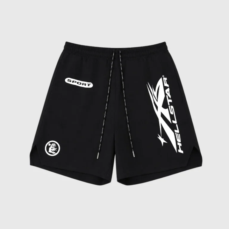A pair of black Hellstar Sports nylon shorts featuring a white graphic logo and side drawstrings on a light background.