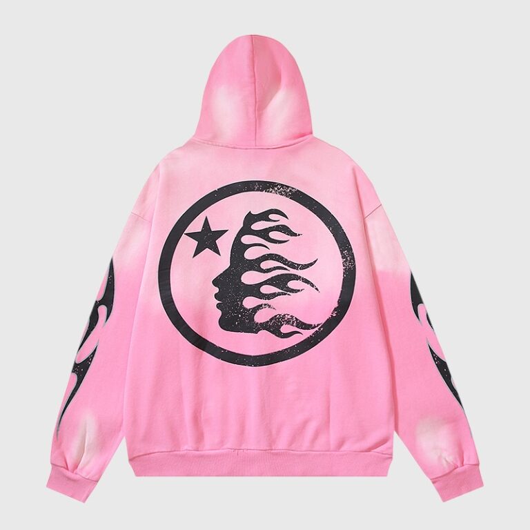 Back view of a pink Hellstar Sports zip-up hoodie featuring a black circular logo with star and flame graphics.