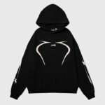 Front view of the Hellstar Sports Pullover Hoodie in black featuring a unique reflective graphic design and sleeve stars