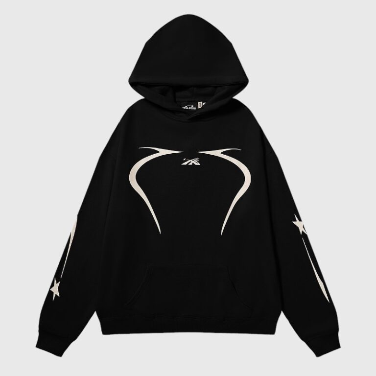 Front view of the Hellstar Sports Pullover Hoodie in black featuring a unique reflective graphic design and sleeve stars