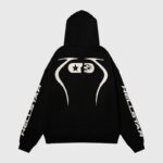 Back view of the black Hellstar Sports Pullover Hoodie featuring white reflective graphic prints on the back and sleeves.