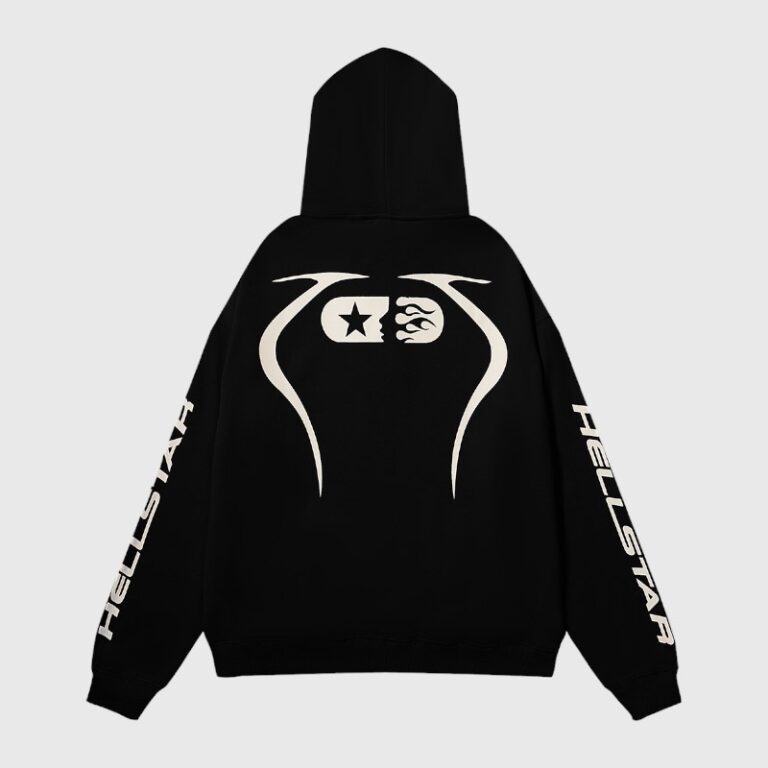 Back view of the black Hellstar Sports Pullover Hoodie featuring white reflective graphic prints on the back and sleeves.
