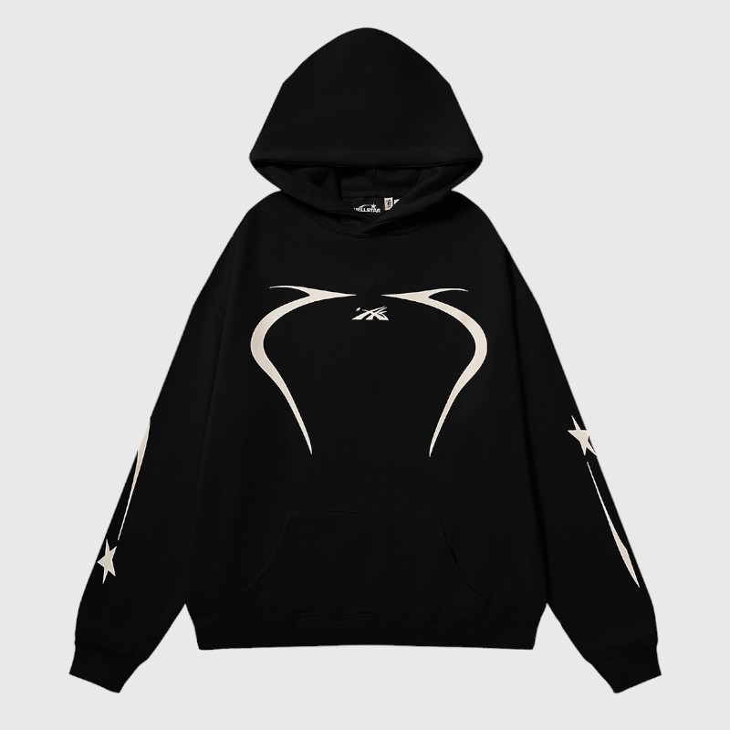 Hellstar Sports Pullover Hoodie Black Front view of the Hellstar Sports Pullover Hoodie in black featuring a unique reflective graphic design and sleeve stars