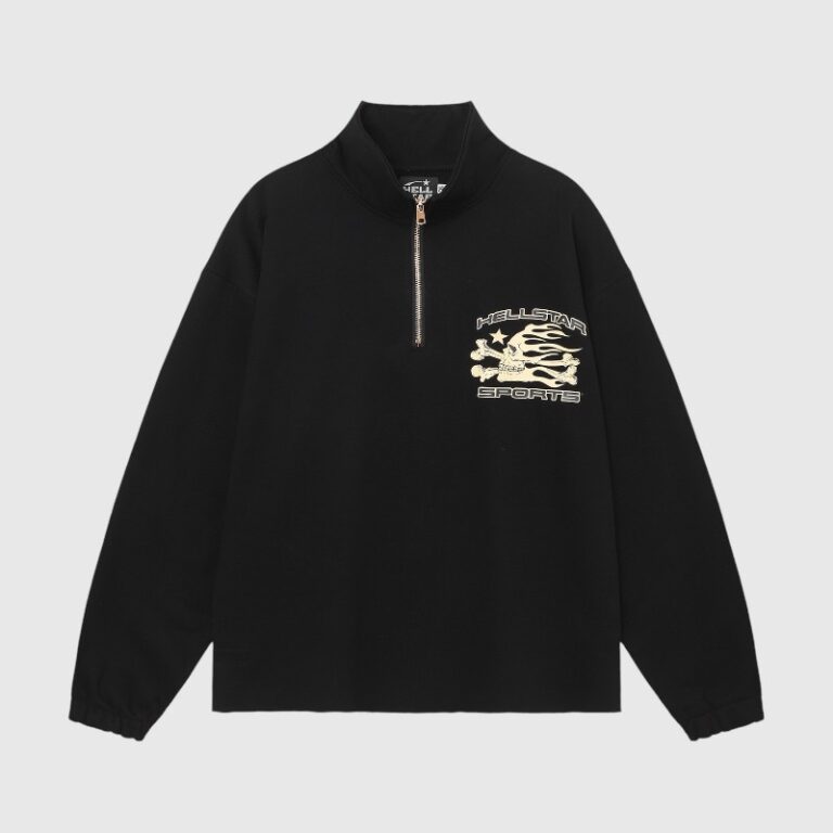 Front view of a black Hellstar Sports quarter zip sweatshirt with a graphic skull logo and flame detailing on the chest.