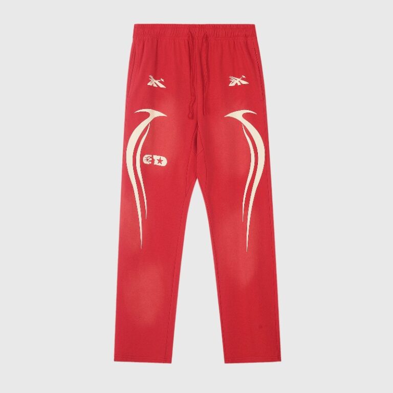 Hellstar Sports Red Sweatpants featuring a vibrant vintage wash, graphic screen print, and custom cosmic design.