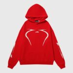 A stylish Hellstar Sports red hoodie featuring premium cotton fabric, bold chest branding, and long sleeves with stars.