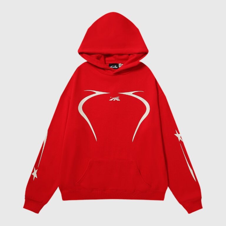 A stylish Hellstar Sports red hoodie featuring premium cotton fabric, bold chest branding, and long sleeves with stars.