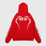 Hellstar Sports red tracksuit hoodie back view featuring white graphic logo print on comfortable vintage cotton fabric.
