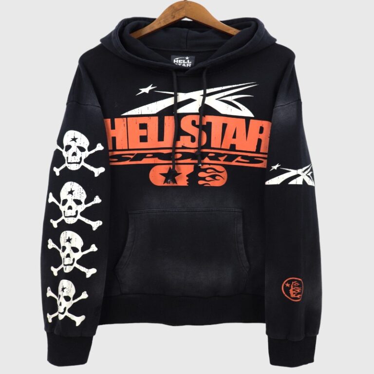 Hellstar Sports Skull Hoodie in black featuring bold orange graphics and a sleeve design with four white skull prints.