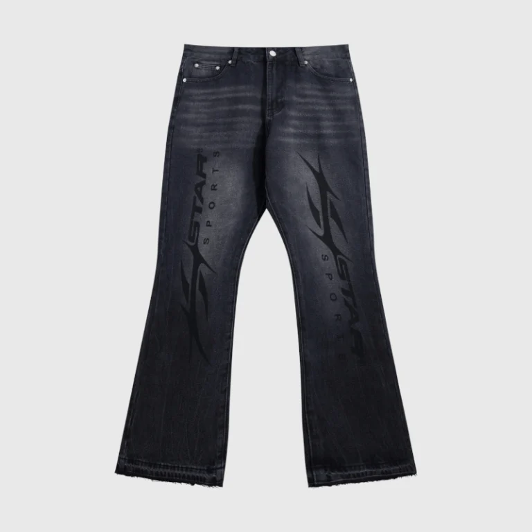 Hellstar Sports Star graphic print black denim jeans featuring vintage washed cotton and premium streetwear design.