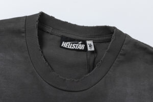 Black Hellstar Sports T-shirt with a distressed vintage neck detail, 100% cotton unisex tee made in Los Angeles.