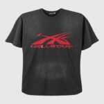 Hellstar Sports Tee Shirt in black cotton with a vintage washed effect and a red graphic print on the front.