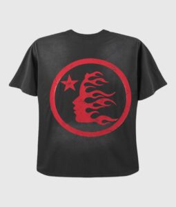 Black Hellstar Sports t-shirt featuring a red circular graphic with a flaming face profile and a star design.