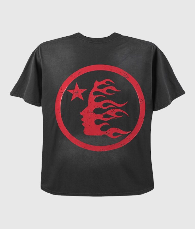 Black Hellstar Sports t-shirt featuring a red circular graphic with a flaming face profile and a star design.