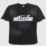 Front view of the Hellstar Sports Tee Shirt in black, featuring a vintage washed effect and white graphic screen print.