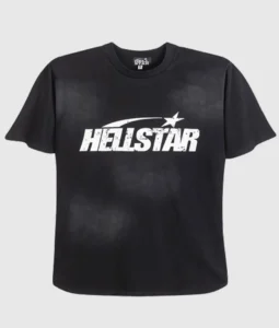 Front view of the Hellstar Sports Tee Shirt in black, featuring a vintage washed effect and white graphic screen print.