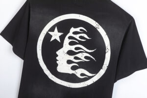 Black Hellstar Sports graphic tee featuring a circular logo with a white flaming silhouette and star print.