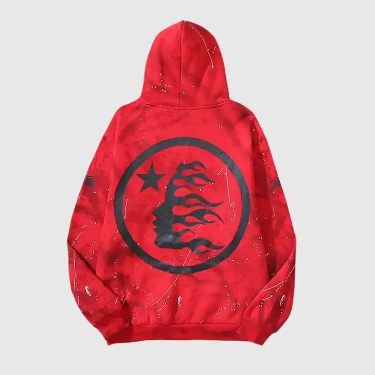 Back view of the vibrant red Hellstar Sports tie-dye hoodie featuring a circular skull and star graphic design.