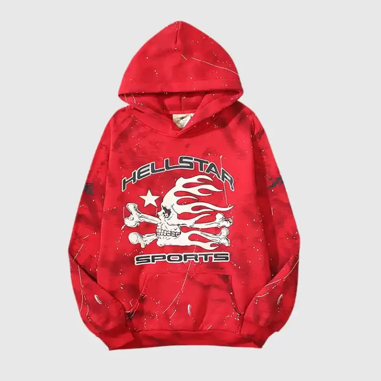 A front view of the red Hellstar Sports tie-dye hoodie featuring a flaming skull graphic and bold streetwear branding.