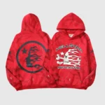 Hellstar Sports Tie-Dye Skull Hoodie in red featuring a bold graphic print on the front and back for streetwear style.