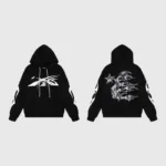 Front and back view of the black Hellstar Sports Tracksuit hoodie with white star and flame graphic detailing.