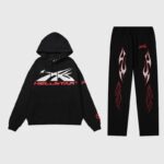 Hellstar Sports Tracksuit in Black and Red featuring a graphic hooded sweatshirt and matching patterned sweatpants.