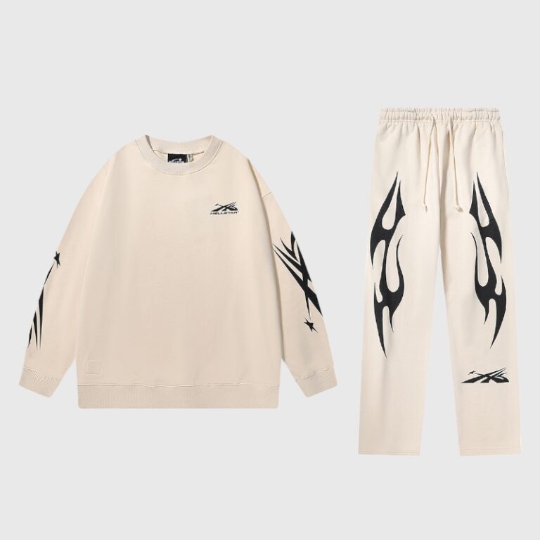 Hellstar Sports Tracksuit in cream featuring a relaxed fit, signature streetwear branding, and unique flame graphics.