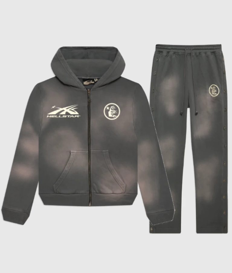 Hellstar Sports grey unisex tracksuit featuring a zip-up hoodie and matching sweatpants with vintage washed effects.