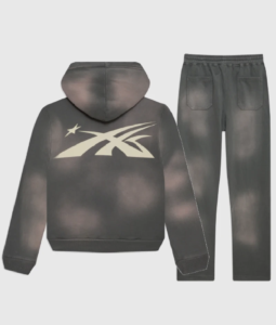 Back view of the grey Hellstar Sports tracksuit featuring a vintage washed effect and signature branding logo.