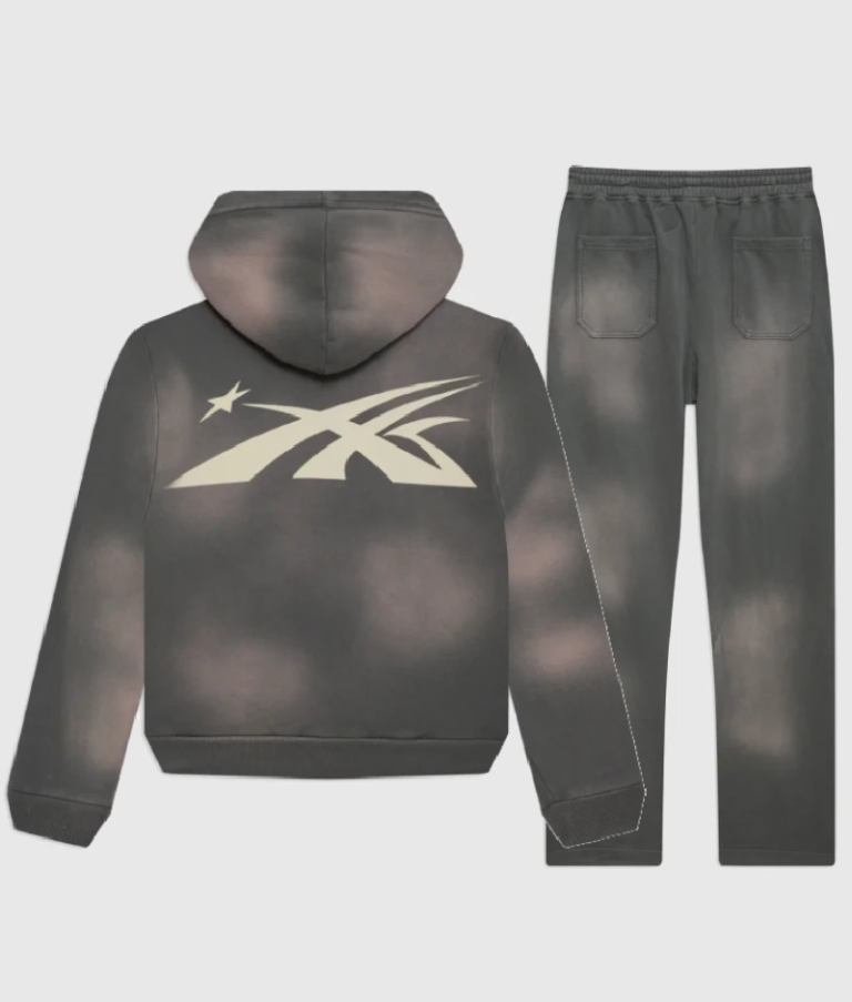 Back view of the grey Hellstar Sports tracksuit featuring a vintage washed effect and signature branding logo.