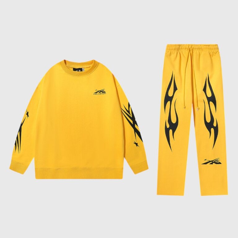 Hellstar Sports Tracksuit in bright yellow with black signature graphic detailing and a relaxed, vintage-washed fit.