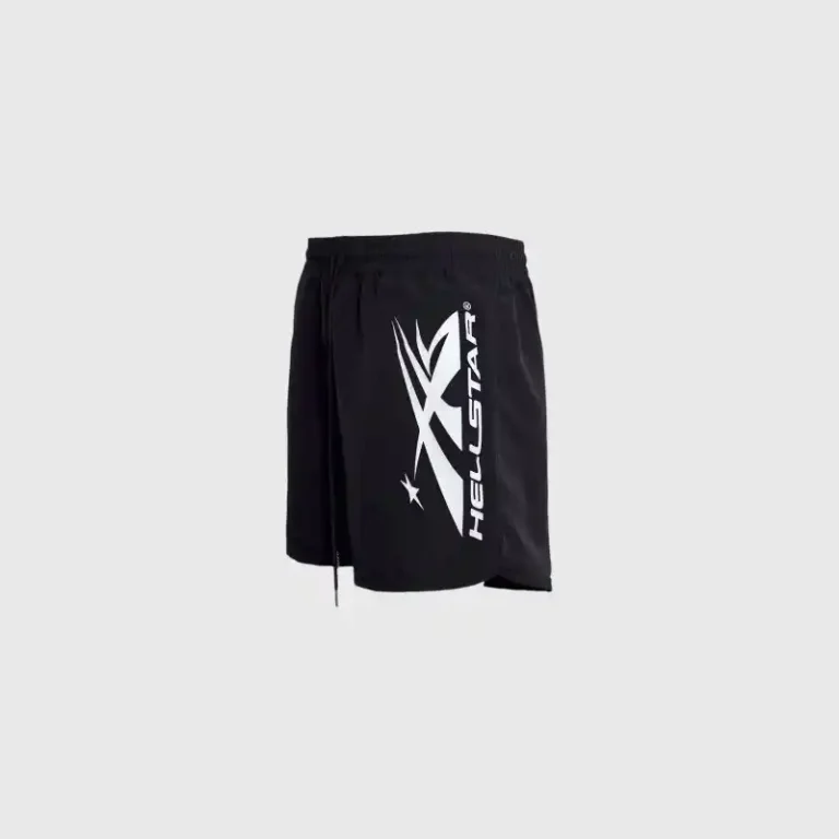 Black Hellstar Sports vertical athletic shorts with a drawstring waistband and prominent white logo graphic design.