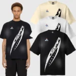 A model wearing a Hellstar Sports graphic tee in black, with beige, white, and black color variations displayed.