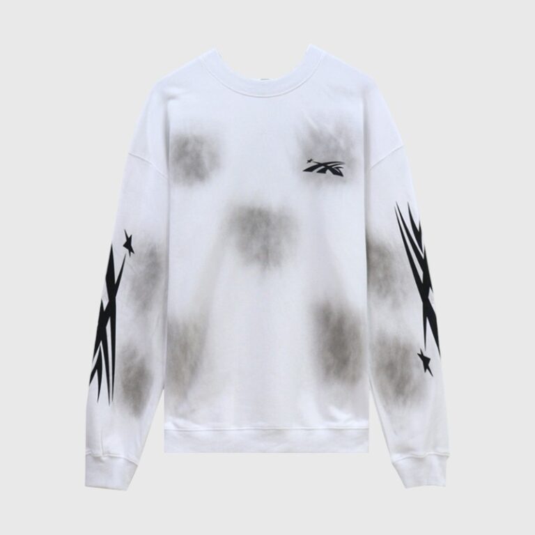 Front view of the premium Hellstar Sports white sweater featuring black graphic prints and a crew neck design.