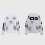Hellstar Sports white tie dye sweatshirt with front logo and graphic print back detail in a studio product shot.