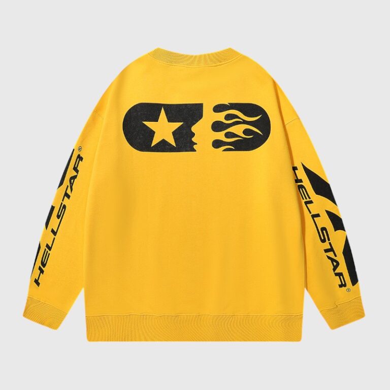 Back view of the vibrant yellow Hellstar Sports crewneck sweater featuring a black graphic star and flame print design.