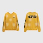 Front and back view of the vibrant yellow Hellstar Sports crewneck sweater with black graphic branding and long sleeves.