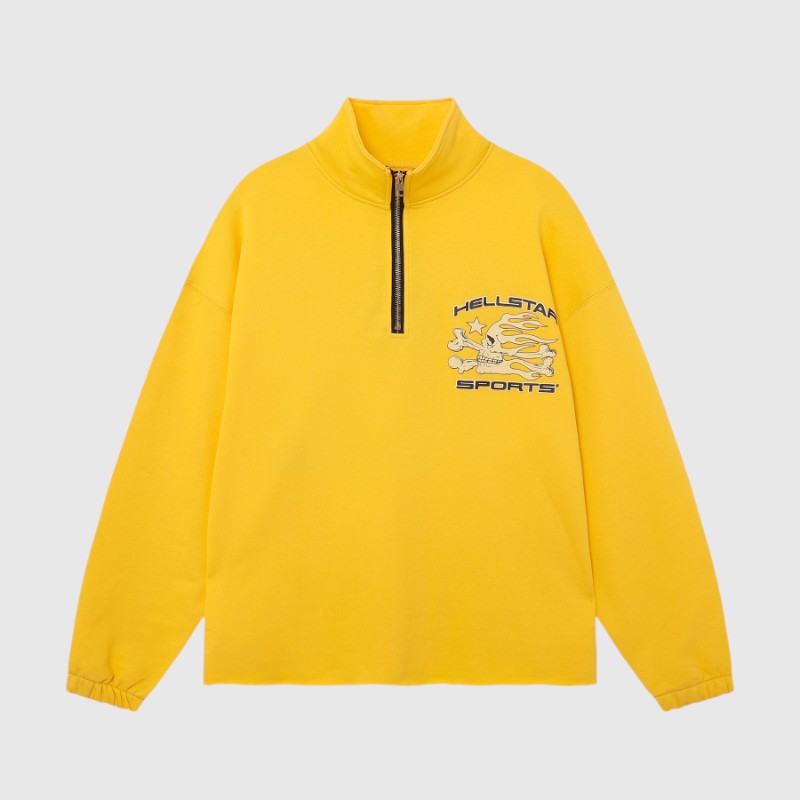 Hellstar Sports Yellow Half Zip Sweatshirt Bright yellow Hellstar Sports half-zip sweatshirt featuring a graphic skull and flame logo on the chest area.