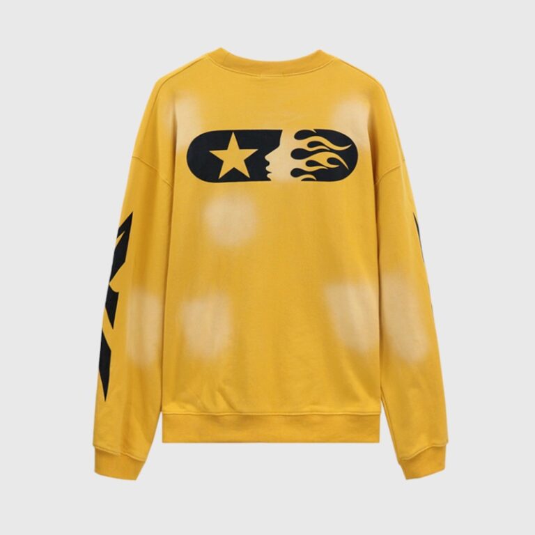 Back view of the vibrant Hellstar Sports yellow crewneck sweater featuring a black star and flame graphic print.