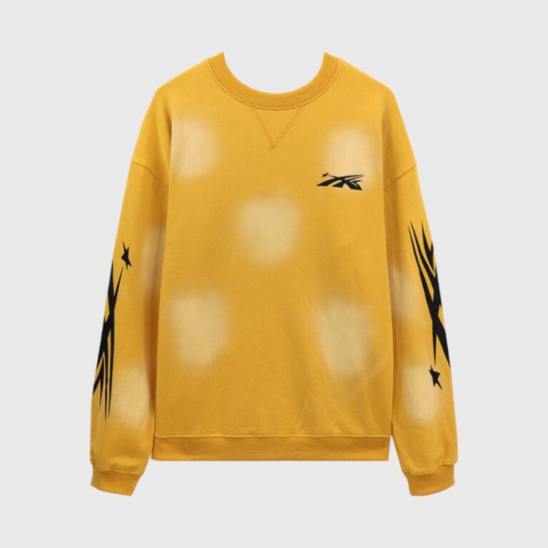 A bright yellow Hellstar Sports crewneck sweater featuring bold black graphic logos on the chest and patterned sleeves.