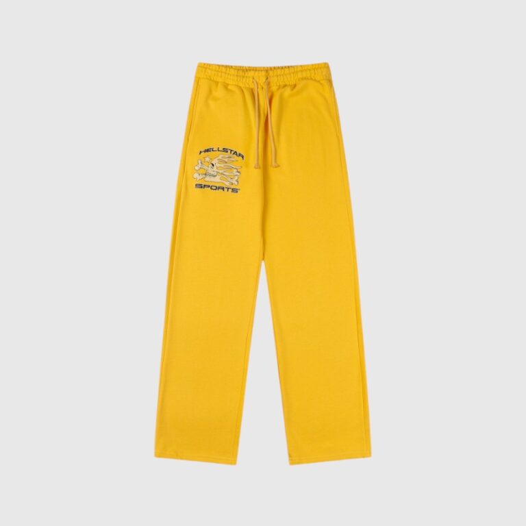 Hellstar Sports Yellow Sweatpant featuring a relaxed fleece fit, drawstring waistband, and signature graphic logo design.