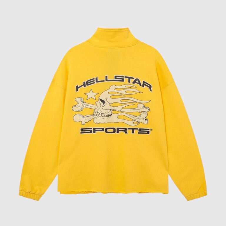Hellstar Sports yellow sweatshirt featuring a flaming skull and bones graphic print design on the back view.